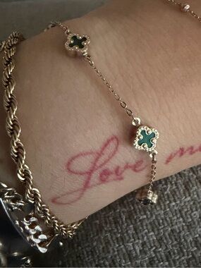 Mini Delicate Gold Bracelet with Green Clover Accents 14K solid gold